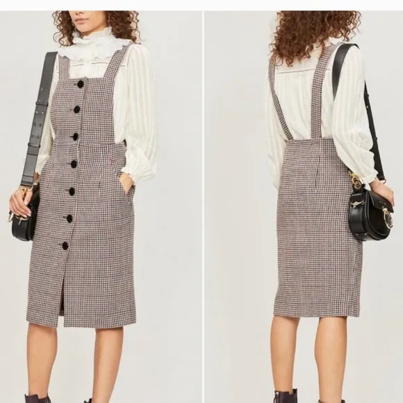 BA&amp;SH Robe Penelope Houndstooth Wool Blend Overall Lady Dress Beige Size 0 NWT