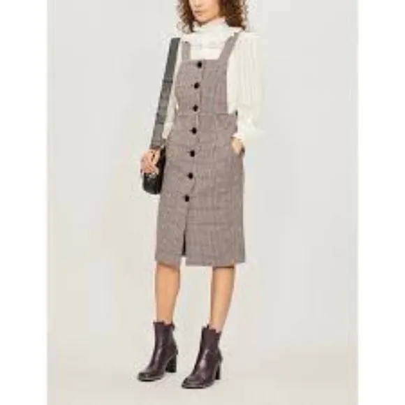 BA&amp;SH Robe Penelope Houndstooth Wool Blend Overall Lady Dress Beige Size 0 NWT