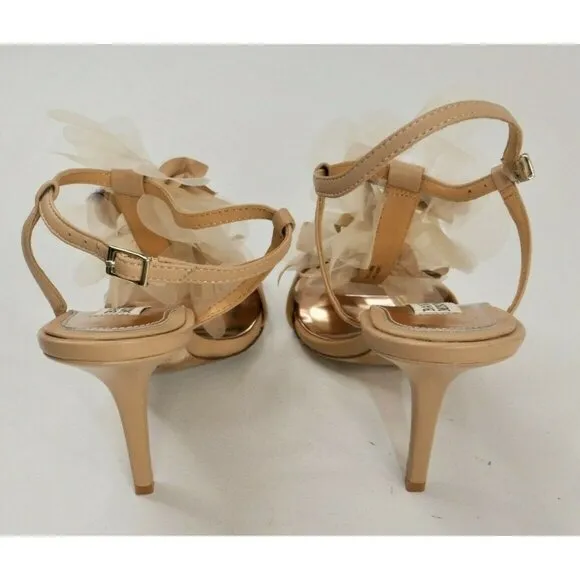 Badgley Mischka Nude High Heel  Leather Sandals 3D Floral Embellished Wm 9.5 ***