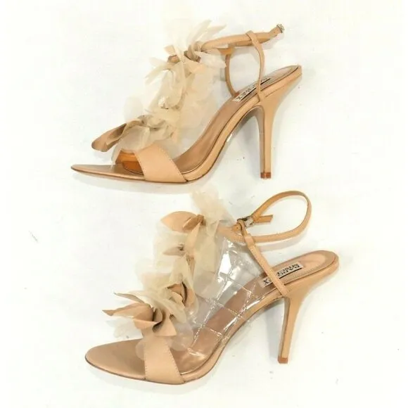 Badgley Mischka Nude High Heel  Leather Sandals 3D Floral Embellished Wm 9.5 ***