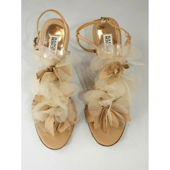 Badgley Mischka Nude High Heel  Leather Sandals 3D Floral Embellished Wm 9.5 ***