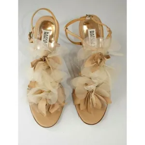 Badgley Mischka Nude High Heel  Leather Sandals 3D Floral Embellished Wm 9.5 ***