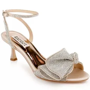 Badgley Mischka Rennie Champagne Satin Rhinestone Bow Stiletto Heels Size 7