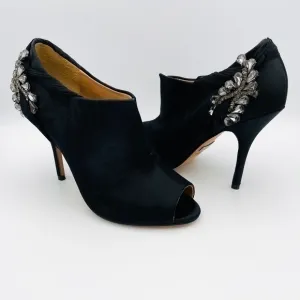 Badgley Mischka Satin Open Toe Ankle Boot with Jewels, Size 7, Black