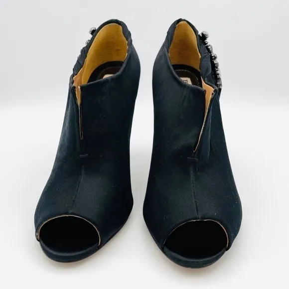 Badgley Mischka Satin Open Toe Ankle Boot with Jewels, Size 7, Black