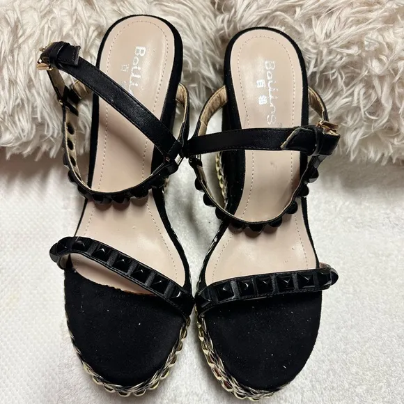 Bali Black Platform Sandals with studded Straps and Espadrille Sole