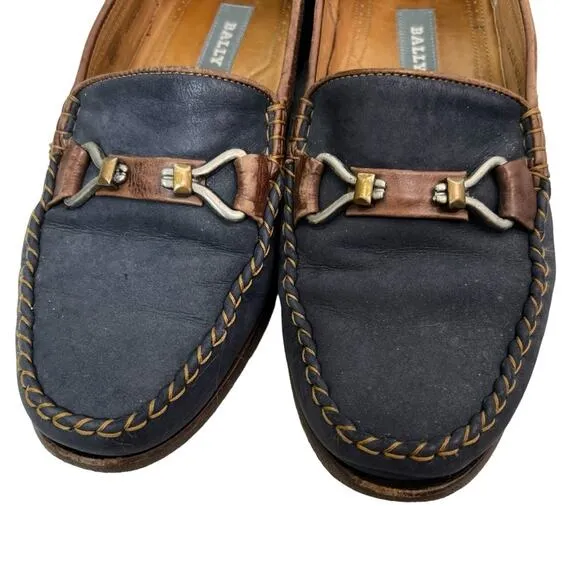 Bally Napoli Navy Brown nubuck leather loafers Made in Italy Size 8.5