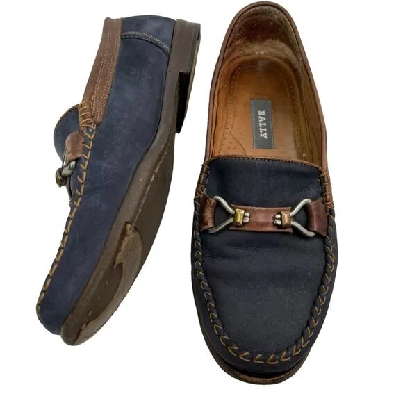 Bally Napoli Navy Brown nubuck leather loafers Made in Italy Size 8.5