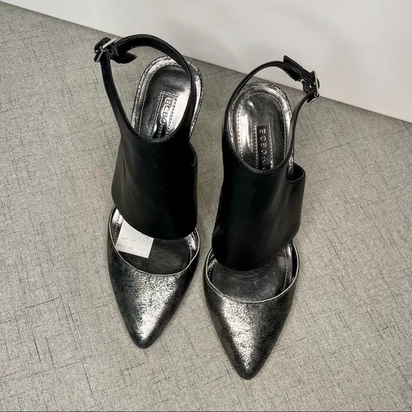 BCBGeneration Black Leather Chaser Pewter Stiletto Heel Sexy High Heels 7.5 NWT