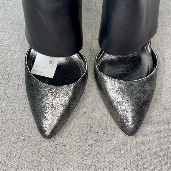 BCBGeneration Black Leather Chaser Pewter Stiletto Heel Sexy High Heels 7.5 NWT