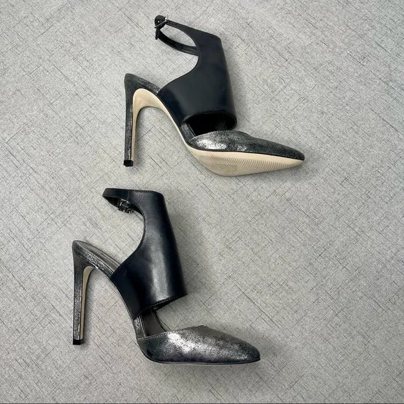 BCBGeneration Black Leather Chaser Pewter Stiletto Heel Sexy High Heels 7.5 NWT