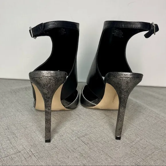 BCBGeneration Black Leather Chaser Pewter Stiletto Heel Sexy High Heels 7.5 NWT