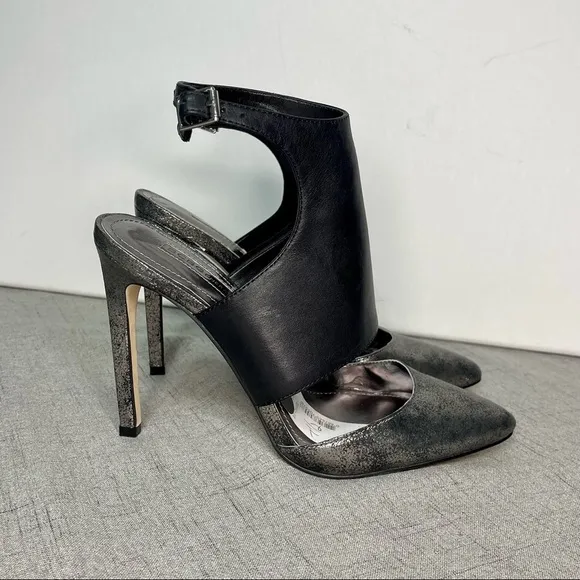 BCBGeneration Black Leather Chaser Pewter Stiletto Heel Sexy High Heels 7.5 NWT