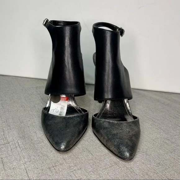 BCBGeneration Black Leather Chaser Pewter Stiletto Heel Sexy High Heels 7.5 NWT