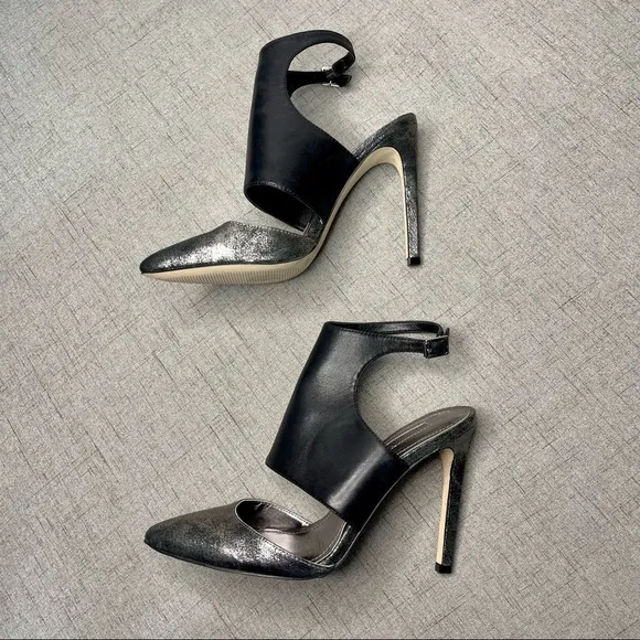 BCBGeneration Black Leather Chaser Pewter Stiletto Heel Sexy High Heels 7.5 NWT