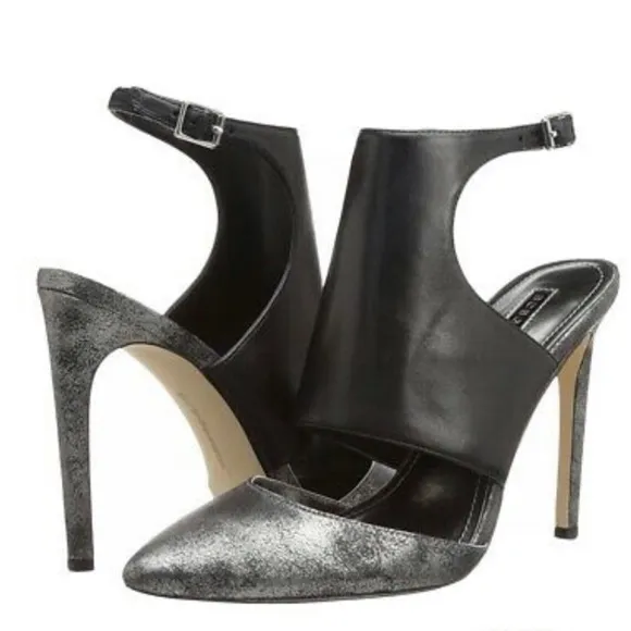 BCBGeneration Black Leather Chaser Pewter Stiletto Heel Sexy High Heels 7.5 NWT