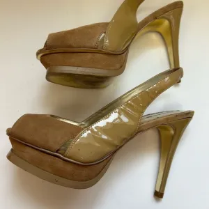 BEBE/high heel shoes/Zahara style/sueded front Patton leather/size 8