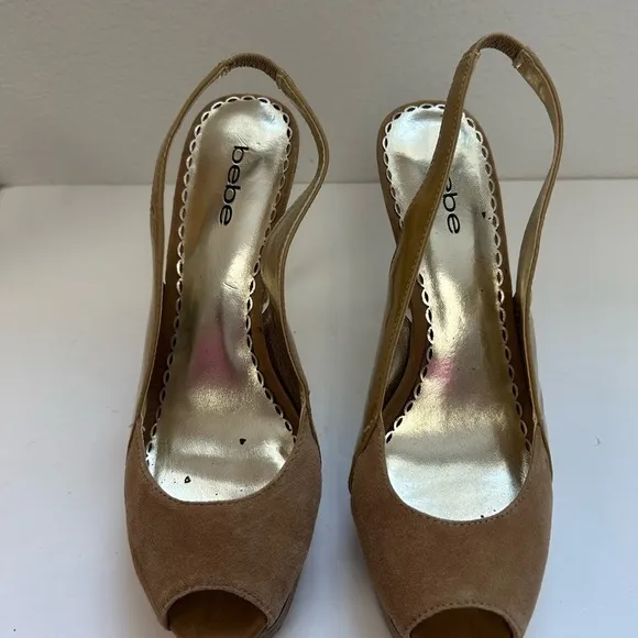 BEBE/high heel shoes/Zahara style/sueded front Patton leather/size 8
