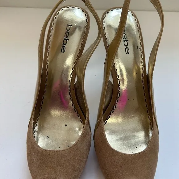 BEBE/high heel shoes/Zahara style/sueded front Patton leather/size 8