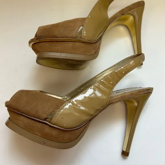 BEBE/high heel shoes/Zahara style/sueded front Patton leather/size 8