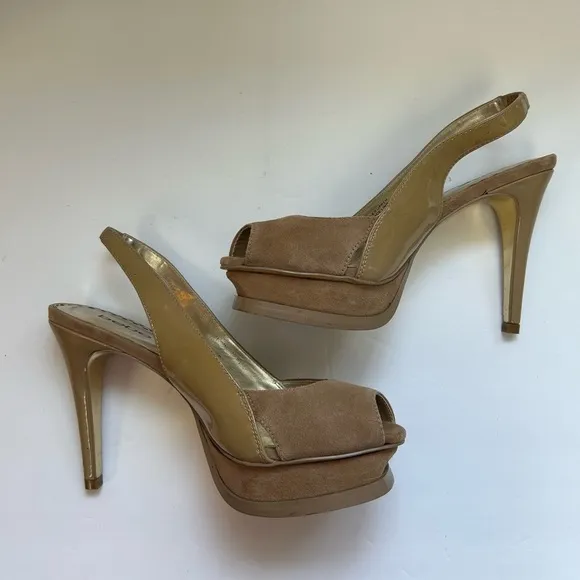 BEBE/high heel shoes/Zahara style/sueded front Patton leather/size 8