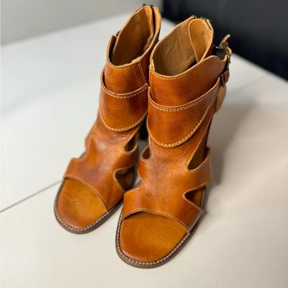 Bed Stu Leather Heel Dress Sandals Ida Rustic Cognac Brown Zip Back Heel 9.5