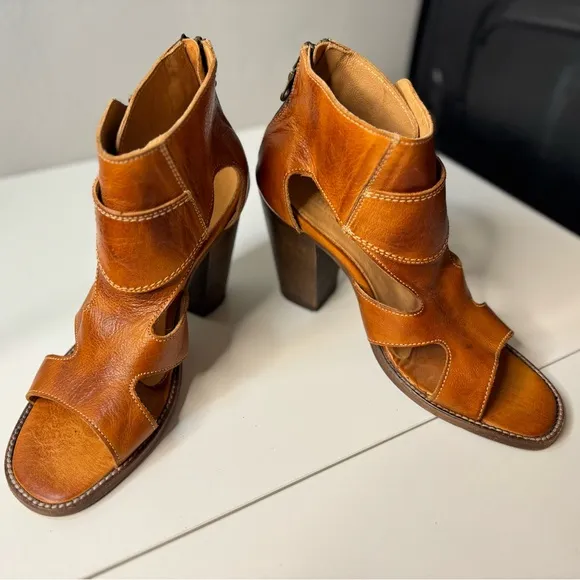 Bed Stu Leather Heel Dress Sandals Ida Rustic Cognac Brown Zip Back Heel 9.5