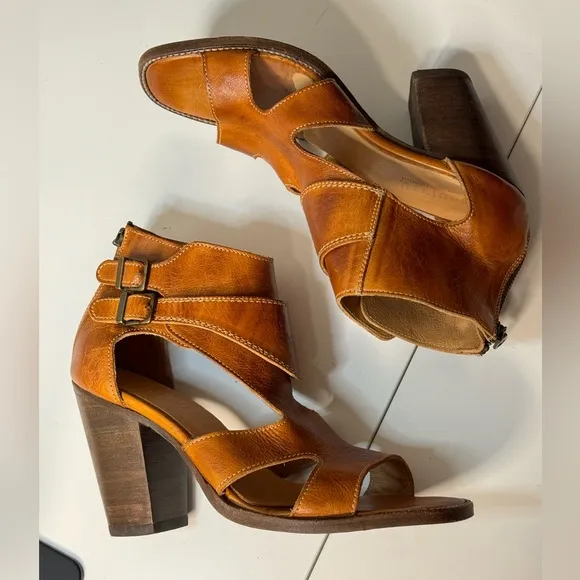 Bed Stu Leather Heel Dress Sandals Ida Rustic Cognac Brown Zip Back Heel 9.5