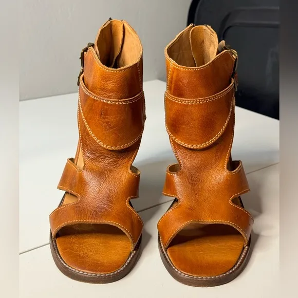 Bed Stu Leather Heel Dress Sandals Ida Rustic Cognac Brown Zip Back Heel 9.5
