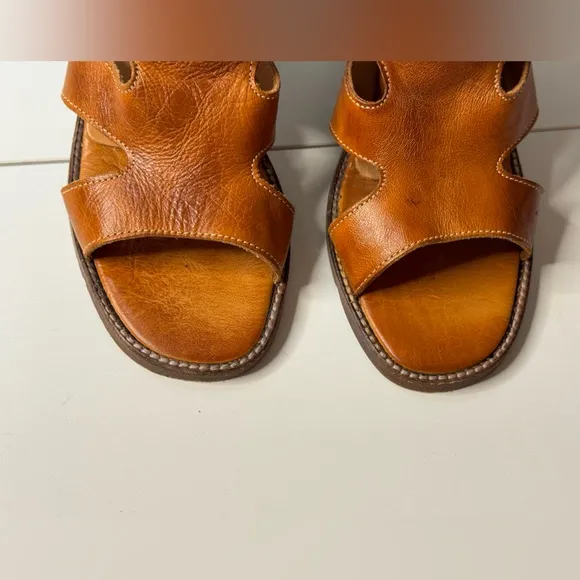 Bed Stu Leather Heel Dress Sandals Ida Rustic Cognac Brown Zip Back Heel 9.5