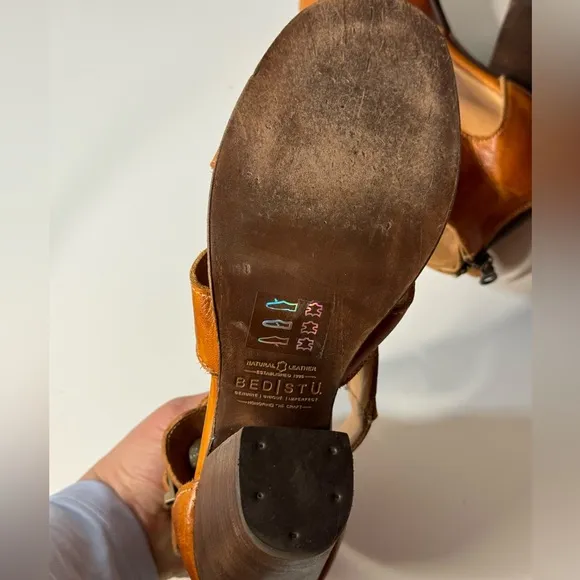 Bed Stu Leather Heel Dress Sandals Ida Rustic Cognac Brown Zip Back Heel 9.5