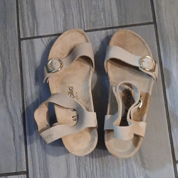 Beige Sandals with Gold Buckles