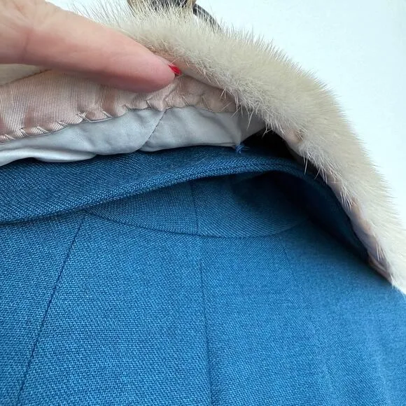 BELSON Wool Coat Blue Fur Collar Union Made USA Mid Century 1950s 60s Classic