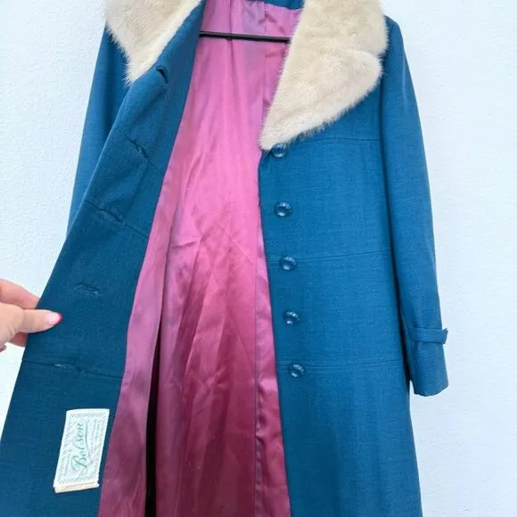 BELSON Wool Coat Blue Fur Collar Union Made USA Mid Century 1950s 60s Classic