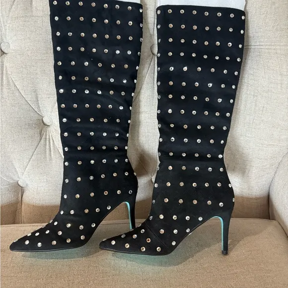 Betsey Johnson Black Heeled Boots with Polka Dot Design