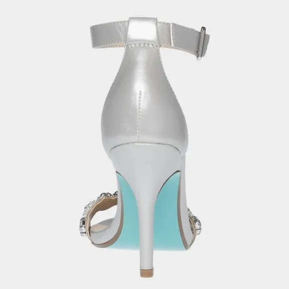 Betsey Johnson Erin Jeweled Ankle Strap Dress Sandals Silver Satin Stiletto Heel