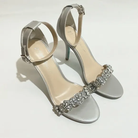 Betsey Johnson Erin Jeweled Ankle Strap Dress Sandals Silver Satin Stiletto Heel