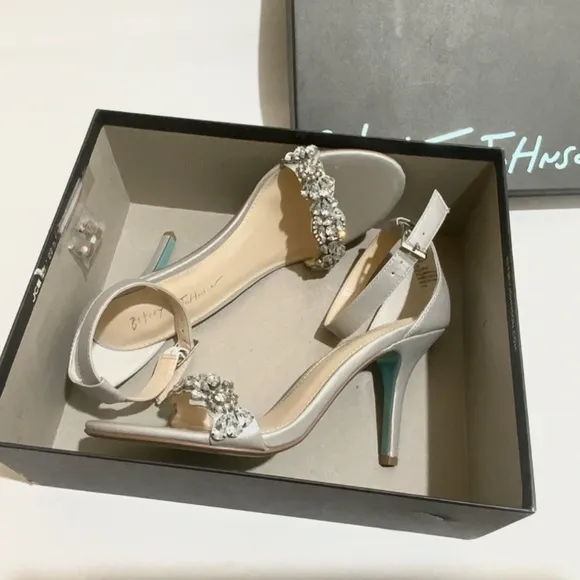 Betsey Johnson Erin Jeweled Ankle Strap Dress Sandals Silver Satin Stiletto Heel
