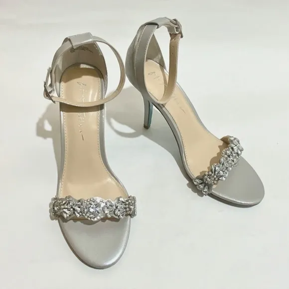 Betsey Johnson Erin Jeweled Ankle Strap Dress Sandals Silver Satin Stiletto Heel