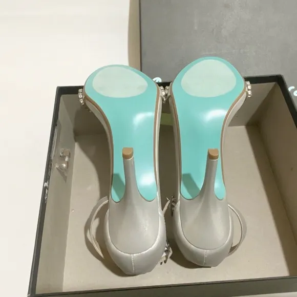 Betsey Johnson Erin Jeweled Ankle Strap Dress Sandals Silver Satin Stiletto Heel