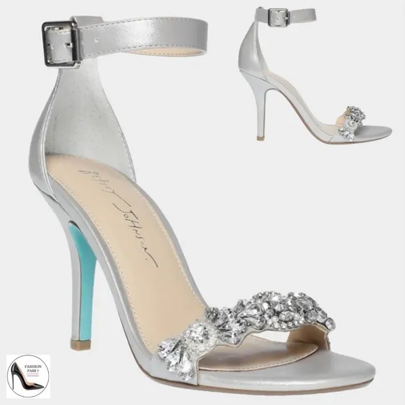 Betsey Johnson Erin Jeweled Ankle Strap Dress Sandals Silver Satin Stiletto Heel