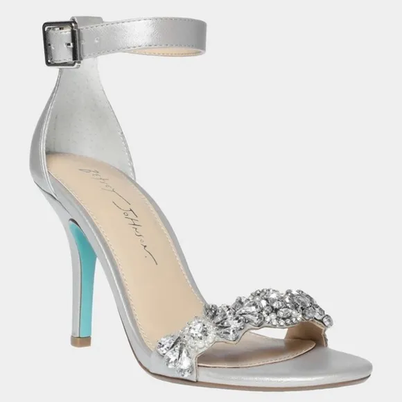 Betsey Johnson Erin Jeweled Ankle Strap Dress Sandals Silver Satin Stiletto Heel