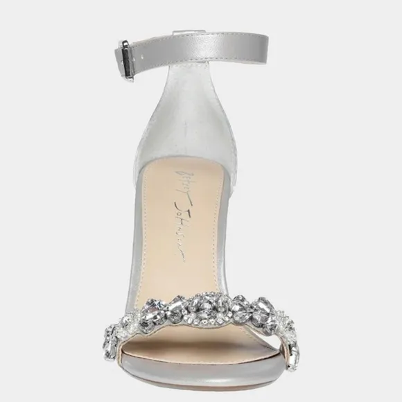 Betsey Johnson Erin Jeweled Ankle Strap Dress Sandals Silver Satin Stiletto Heel