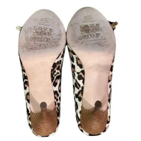 Beverly Feldman Leopard Print Peep-Toe‎ Pumps Zipper Bow Detail High Heel 9.5