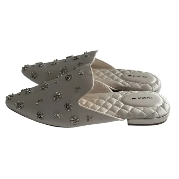 Birdies White Dove Crystal Embellished Bridal Satin Mules 9 Rhinestones Wedding