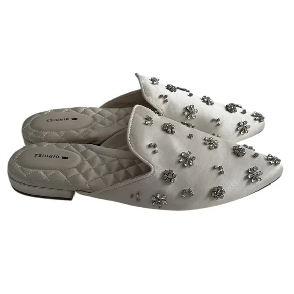 Birdies White Dove Crystal Embellished Bridal Satin Mules 9 Rhinestones Wedding