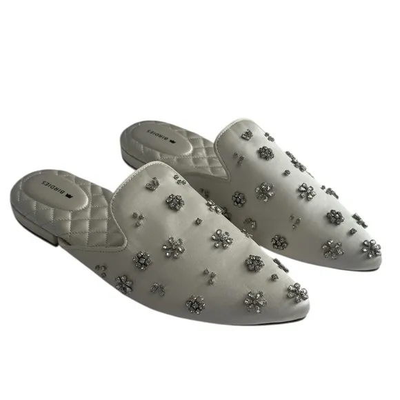 Birdies White Dove Crystal Embellished Bridal Satin Mules 9 Rhinestones Wedding