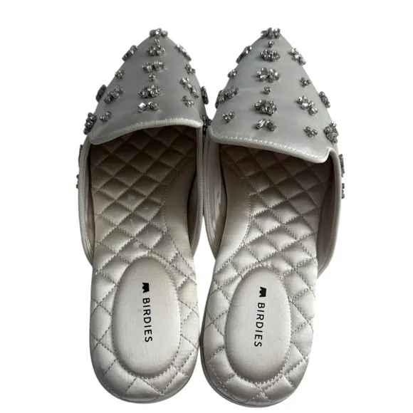 Birdies White Dove Crystal Embellished Bridal Satin Mules 9 Rhinestones Wedding