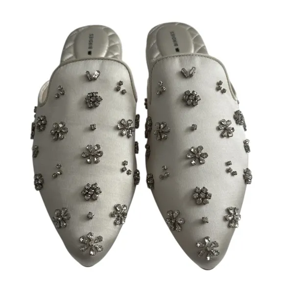Birdies White Dove Crystal Embellished Bridal Satin Mules 9 Rhinestones Wedding