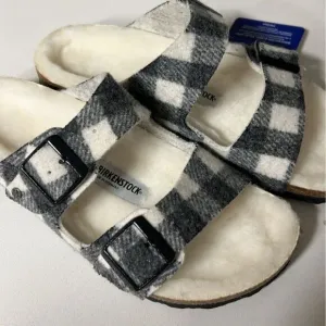 Birkenstock Arizona Plaid Shearling Sandals Black Wool Unisex Casual